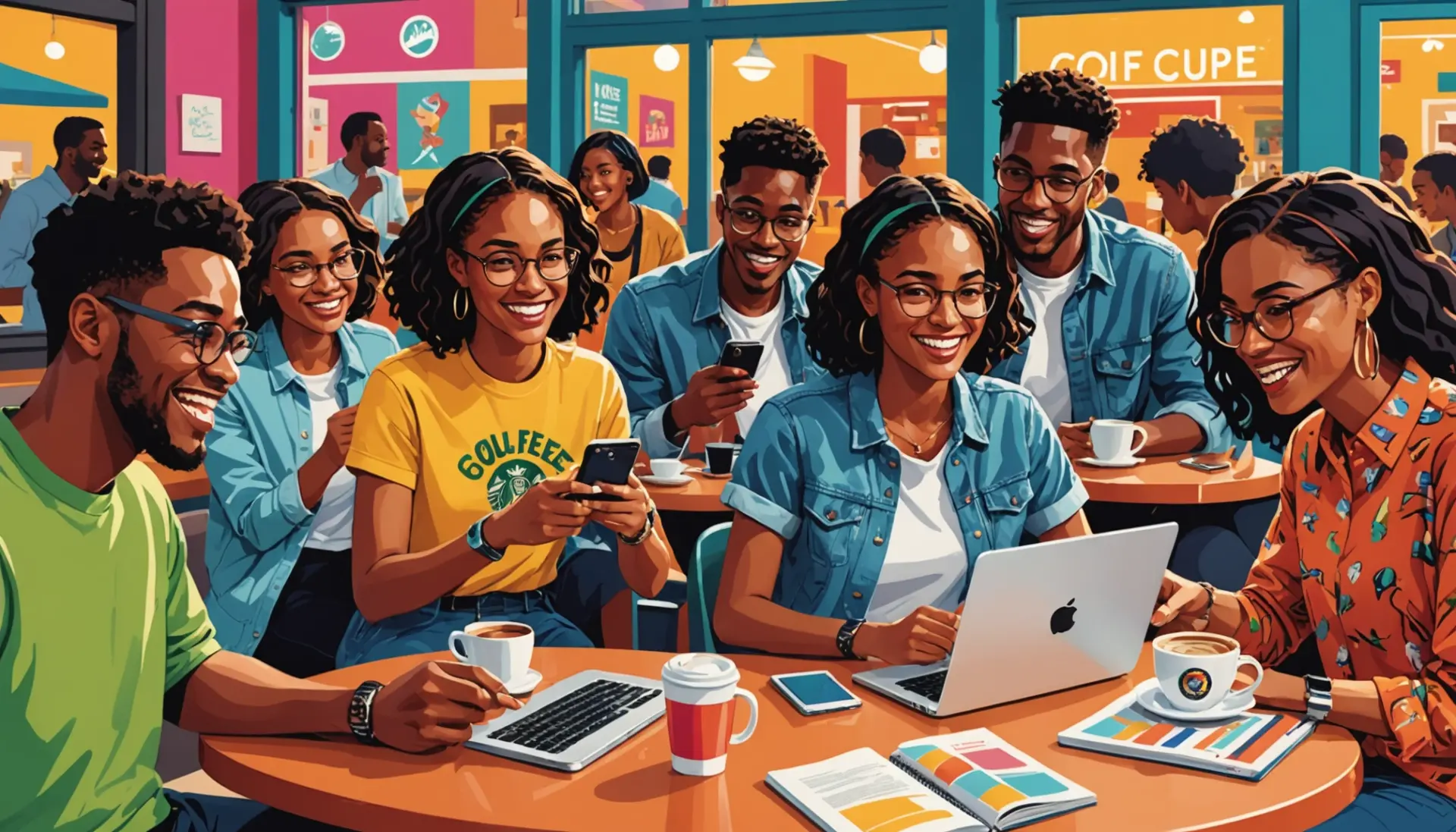 Editorial illustration showing diverse young adults searching 'cv urban dictionary' on phones, with the phrase cv urban dictionary visible in the scene