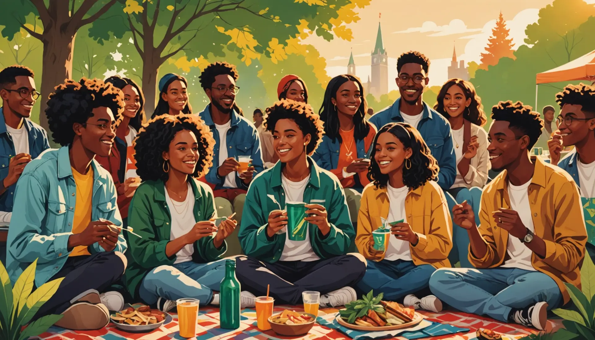 Illustration showing people celebrating 4/20 mean at a park gathering, focus on community and cannabis culture