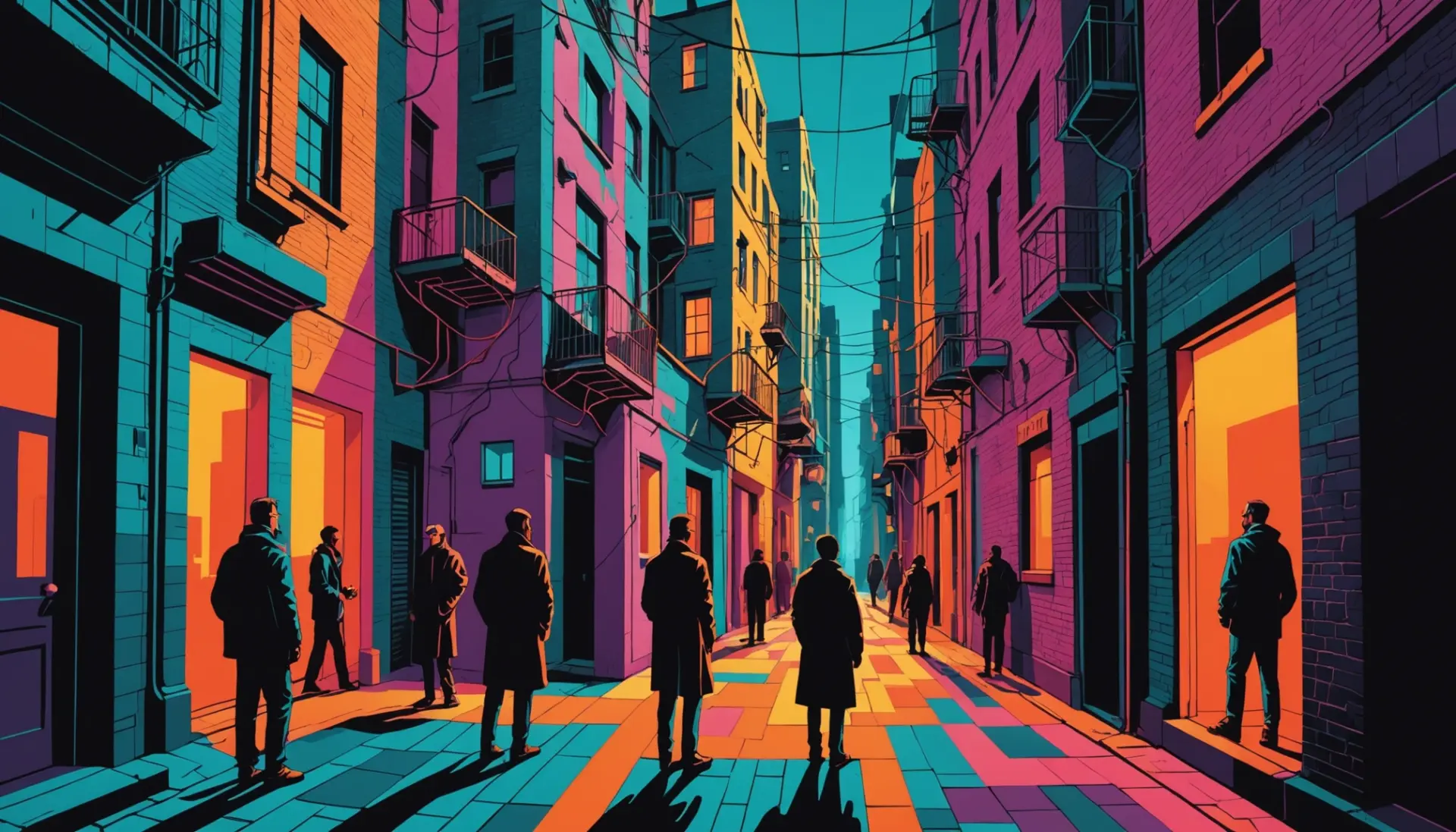 Editorial illustration of a non euclidean entity meaning slang scene with distorted geometry and an alien silhouette