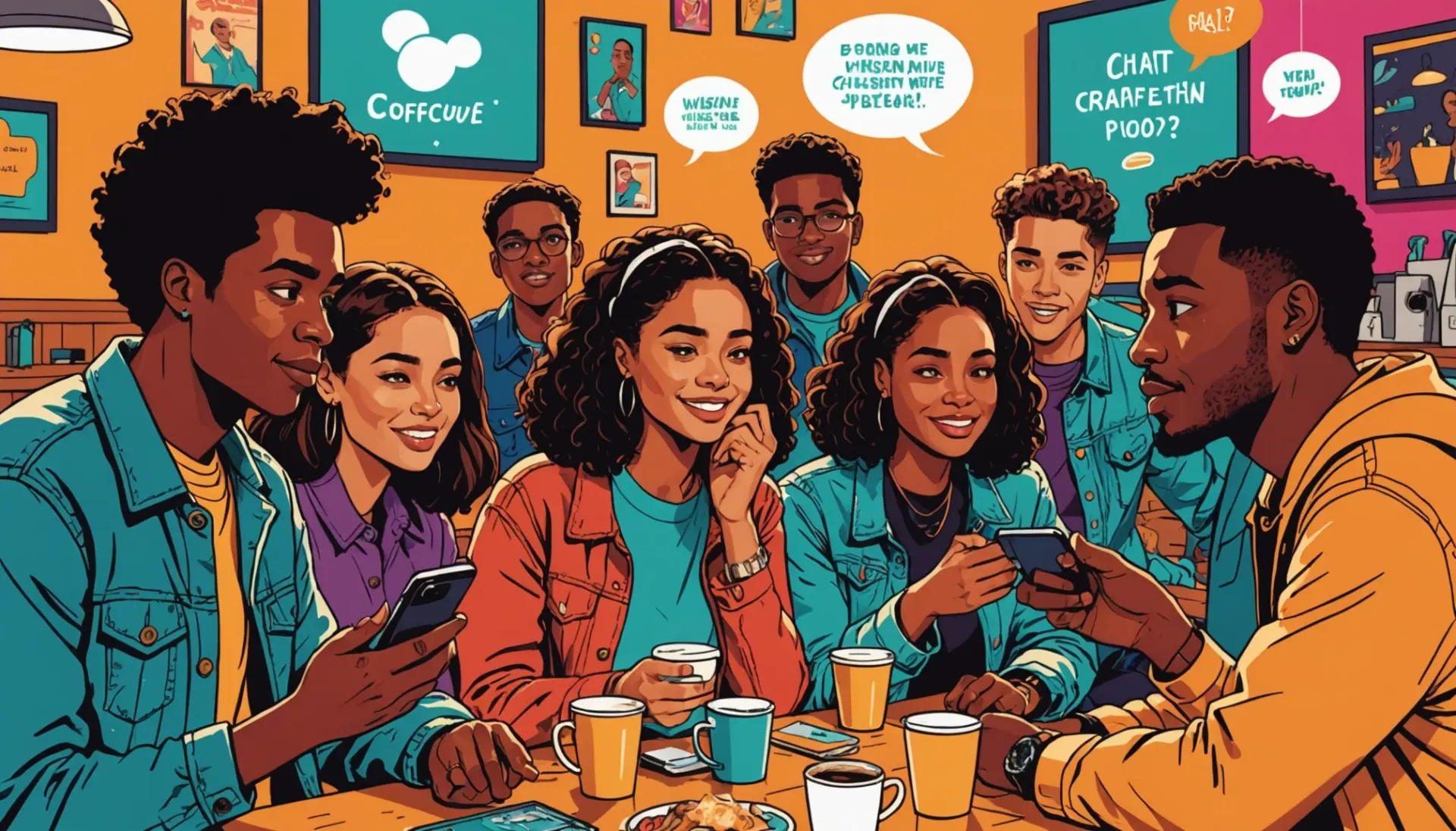 Editorial illustration showing people texting the phrase kid meaning slang with playful expressions