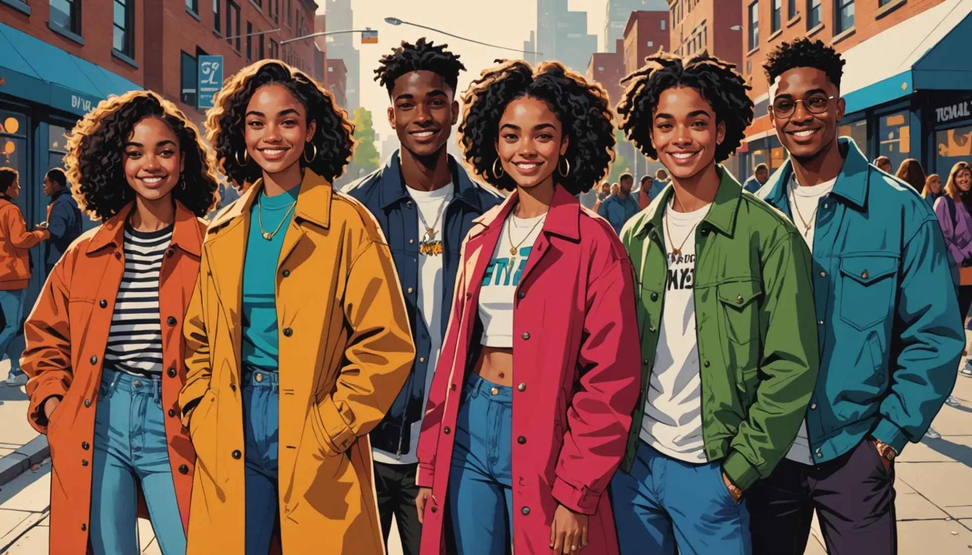 Editorial illustration showing youthful characters embodying arch in slang vibe