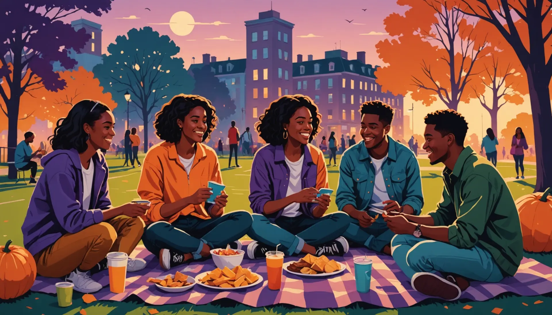 Editorial illustration representing what does 420 mean with people celebrating outdoors under a clock showing 4:20
