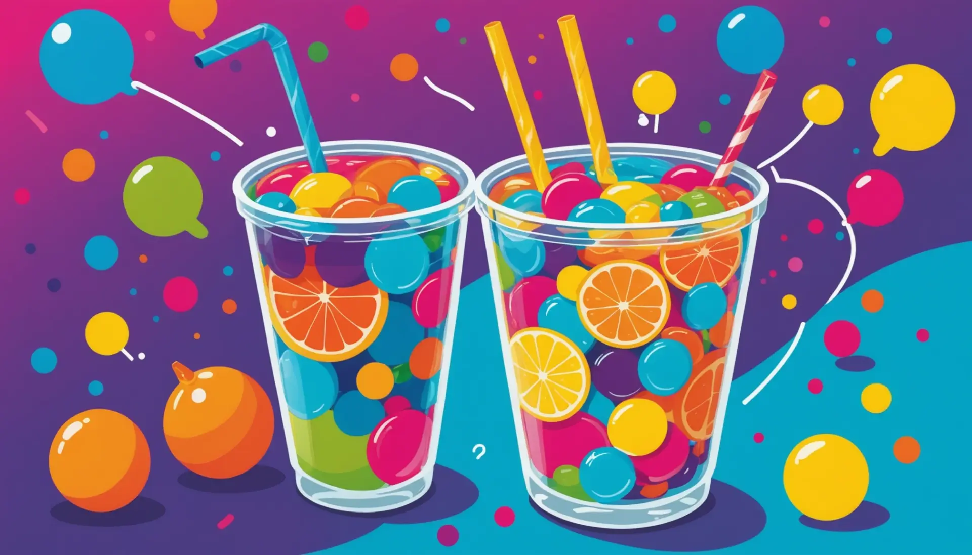 Editorial illustration of a colorful cup with a flavored straw and speech bubbles, flavored straw urban dictionary