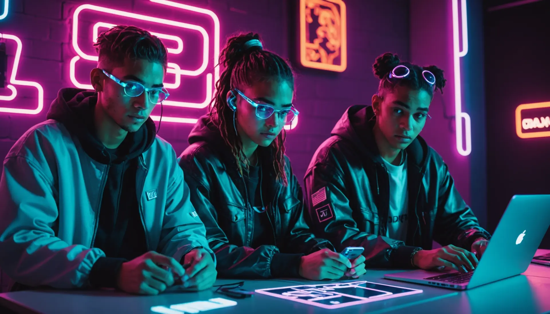 Vibrant editorial illustration showing a cyber aesthetic scene, with characters embodying cyber meaning slang