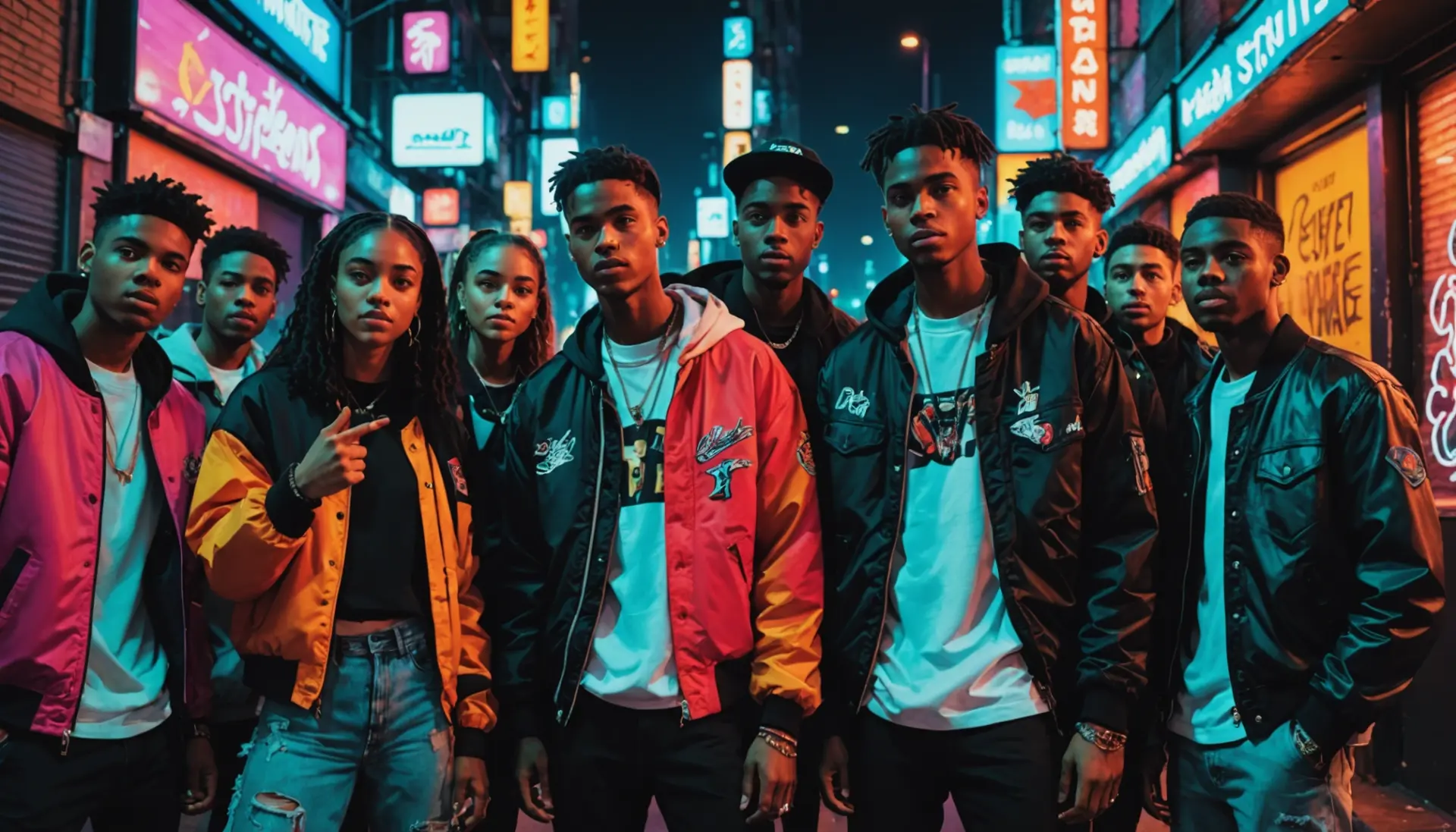 A vibrant street scene illustration showing people reacting to a caption that reads tuff slang vibes