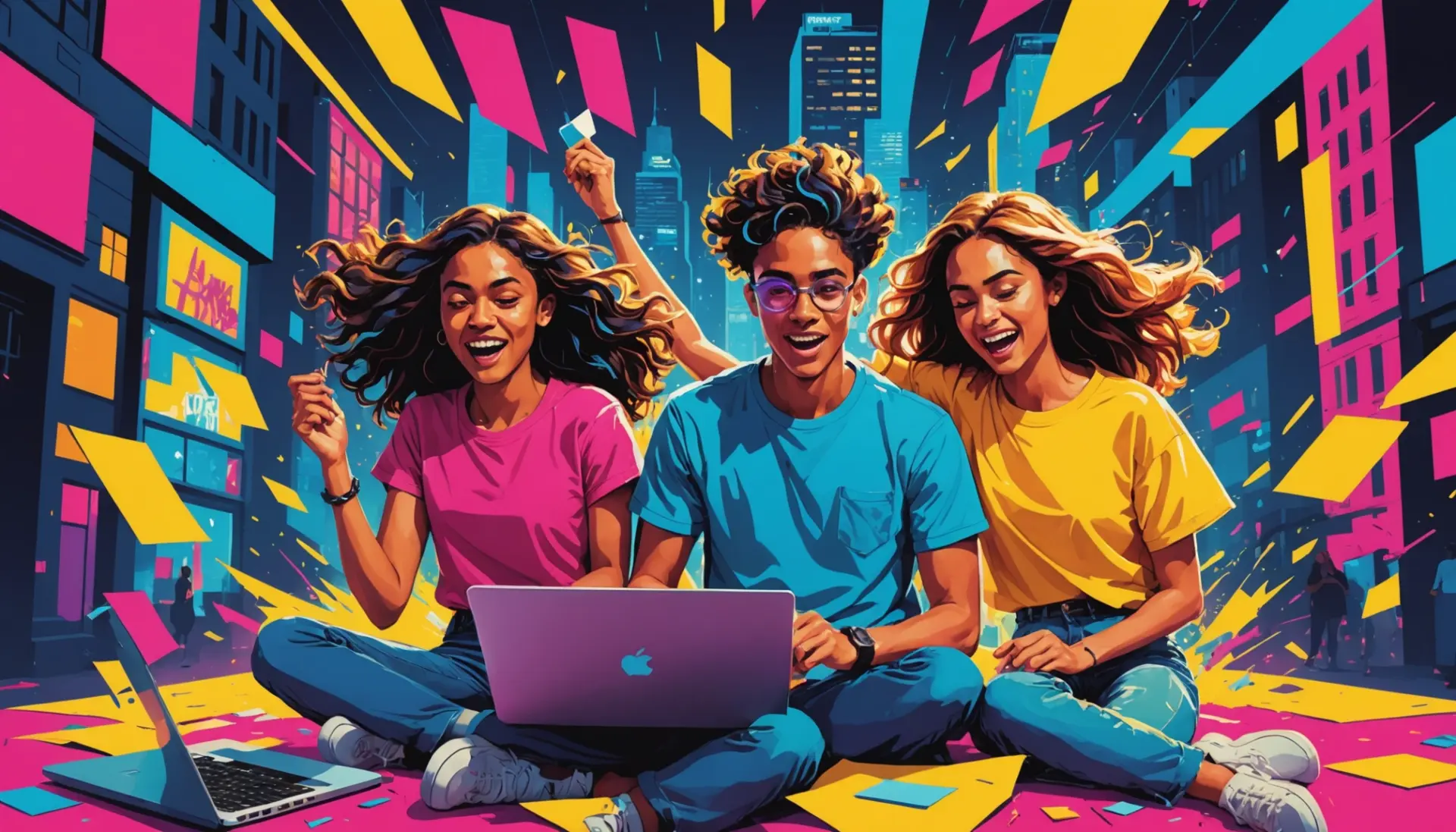 Editorial illustration showing vibrant characters representing manic energy with the phrase what does manic mean implied