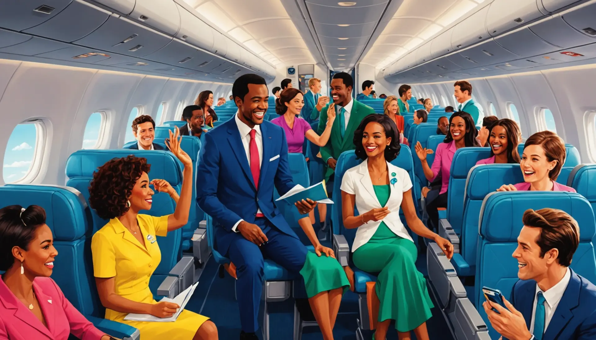 Illustration of passengers on a plane with a person in a mermaid tail, showing what does code mermaid mean on a plane