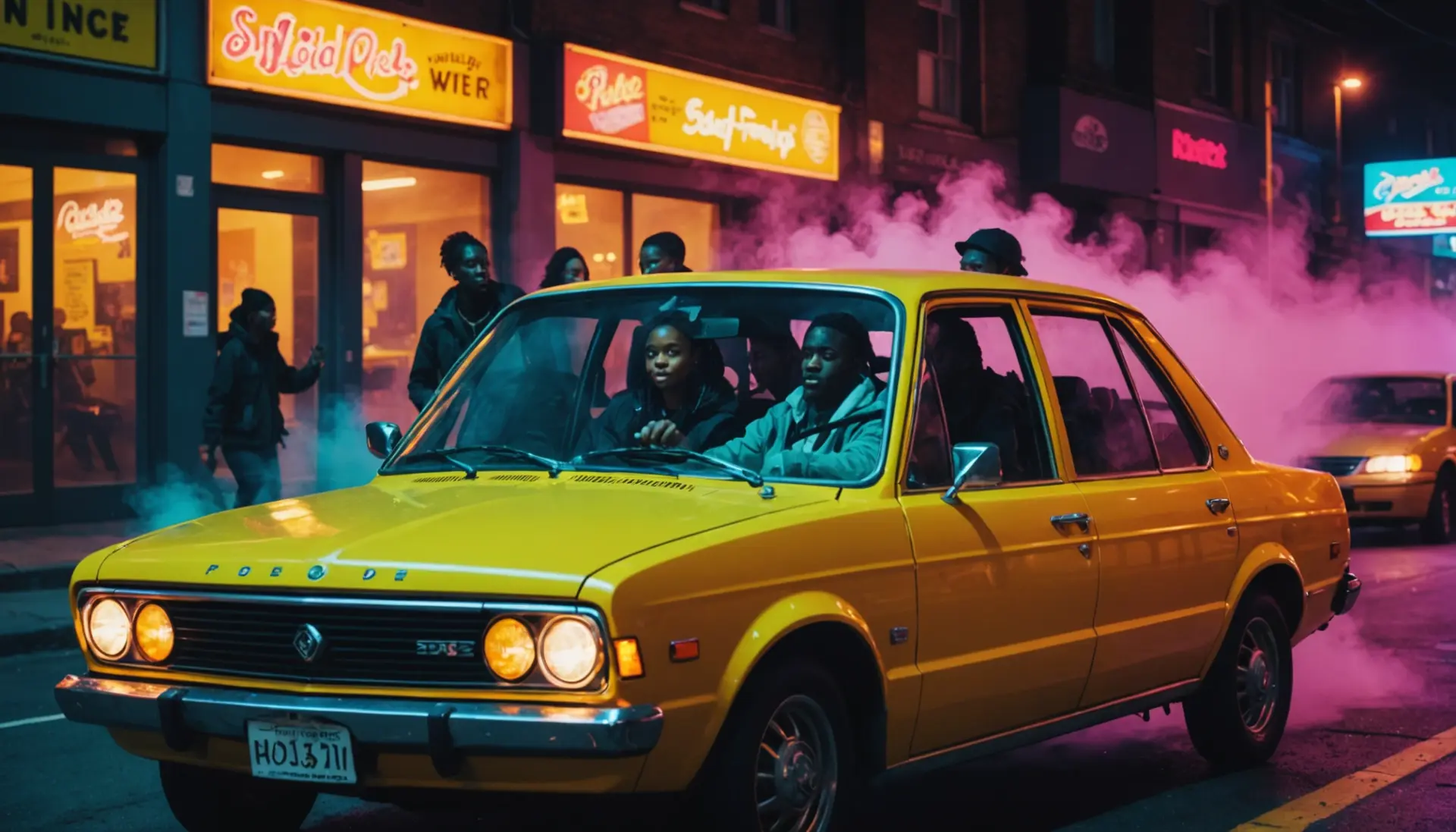 Editorial illustration showing a group in a car with hazy light, caption-style vibe, referencing hotbox urban dictionary