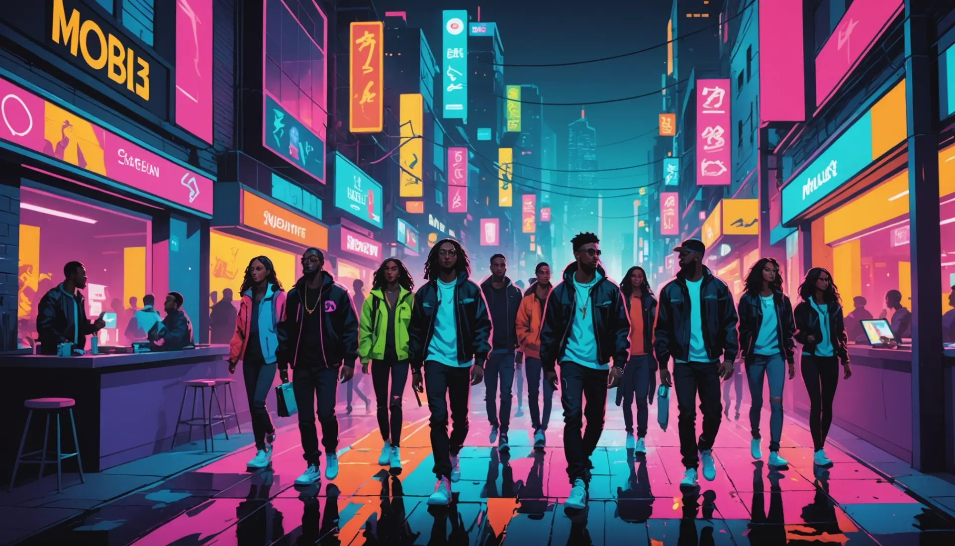 Editorial illustration showing a diverse crew, representing the mob meaning slang