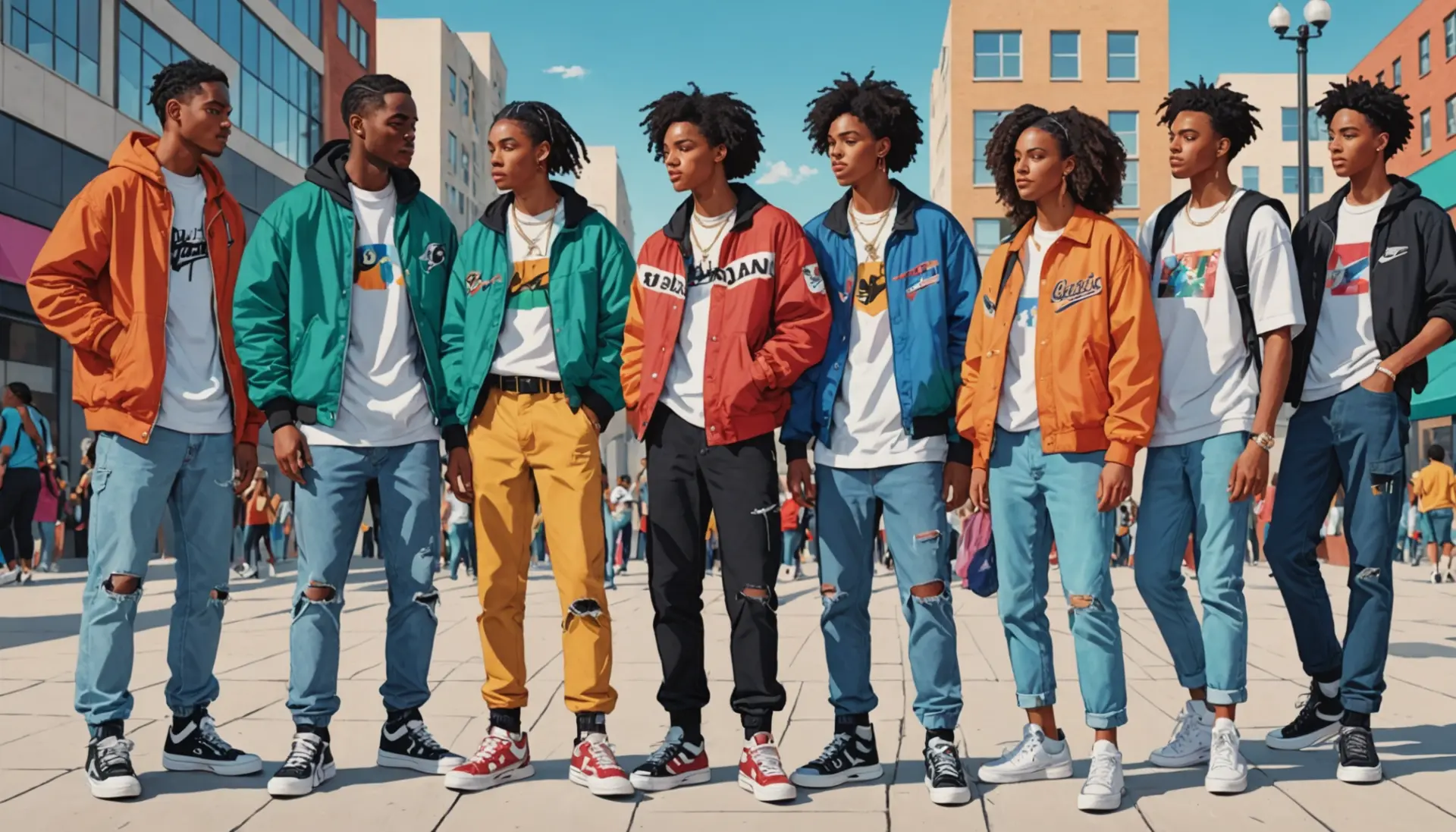 Editorial illustration showing people talking about slang for sneakers with vibrant shoes in the scene