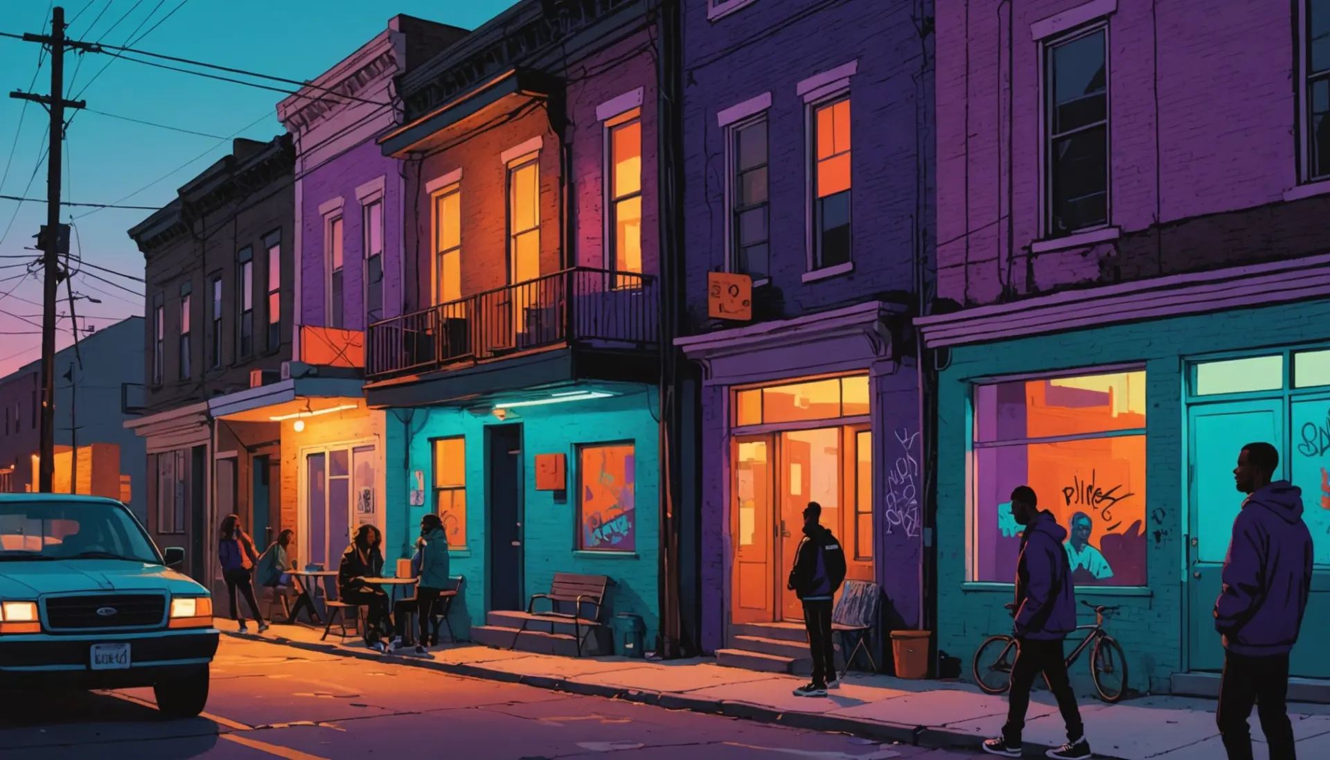 Editorial illustration of a neighborhood scene evoking 'trap house urban dictionary' vibe
