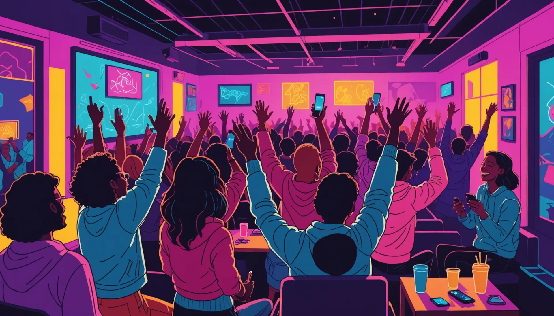 Editorial illustration of festival scene and chat bubbles showing 'rolling urban dictionary' contexts
