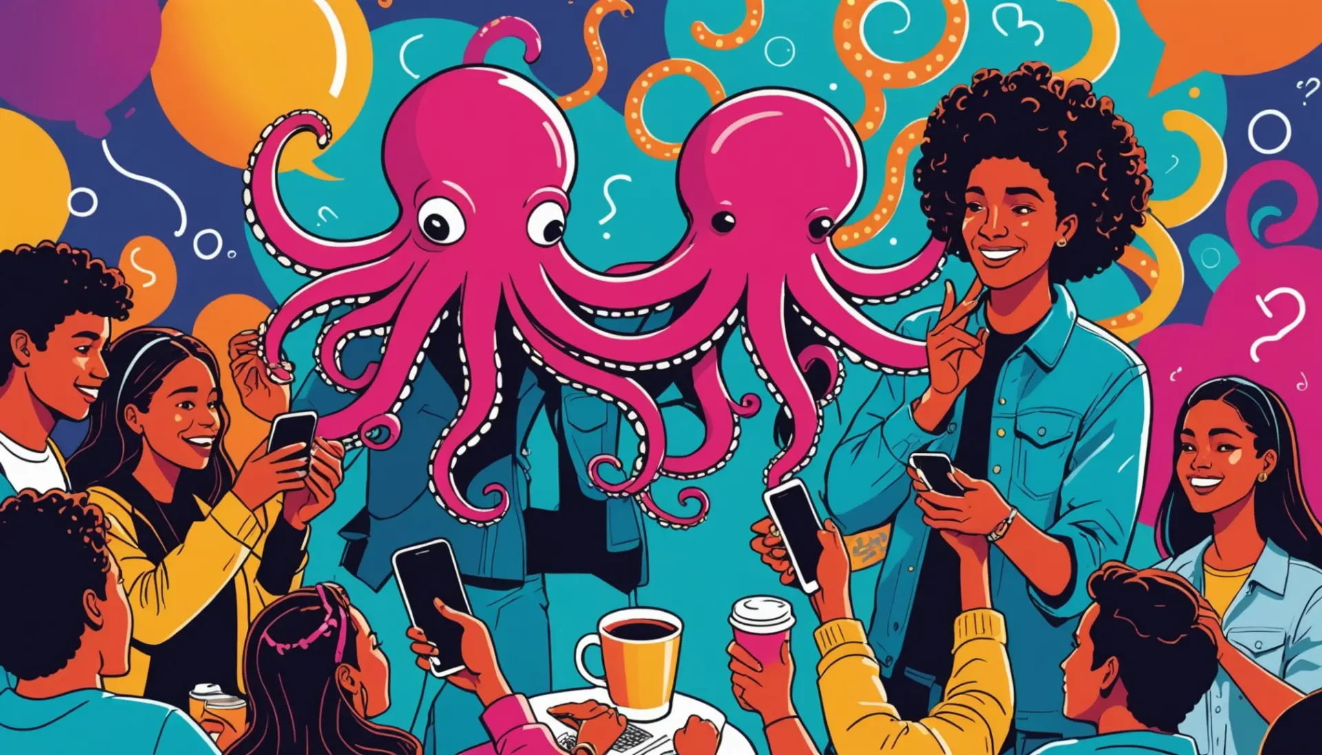 Editorial illustration showing a person with playful octopus arms, representing octopus meaning slang