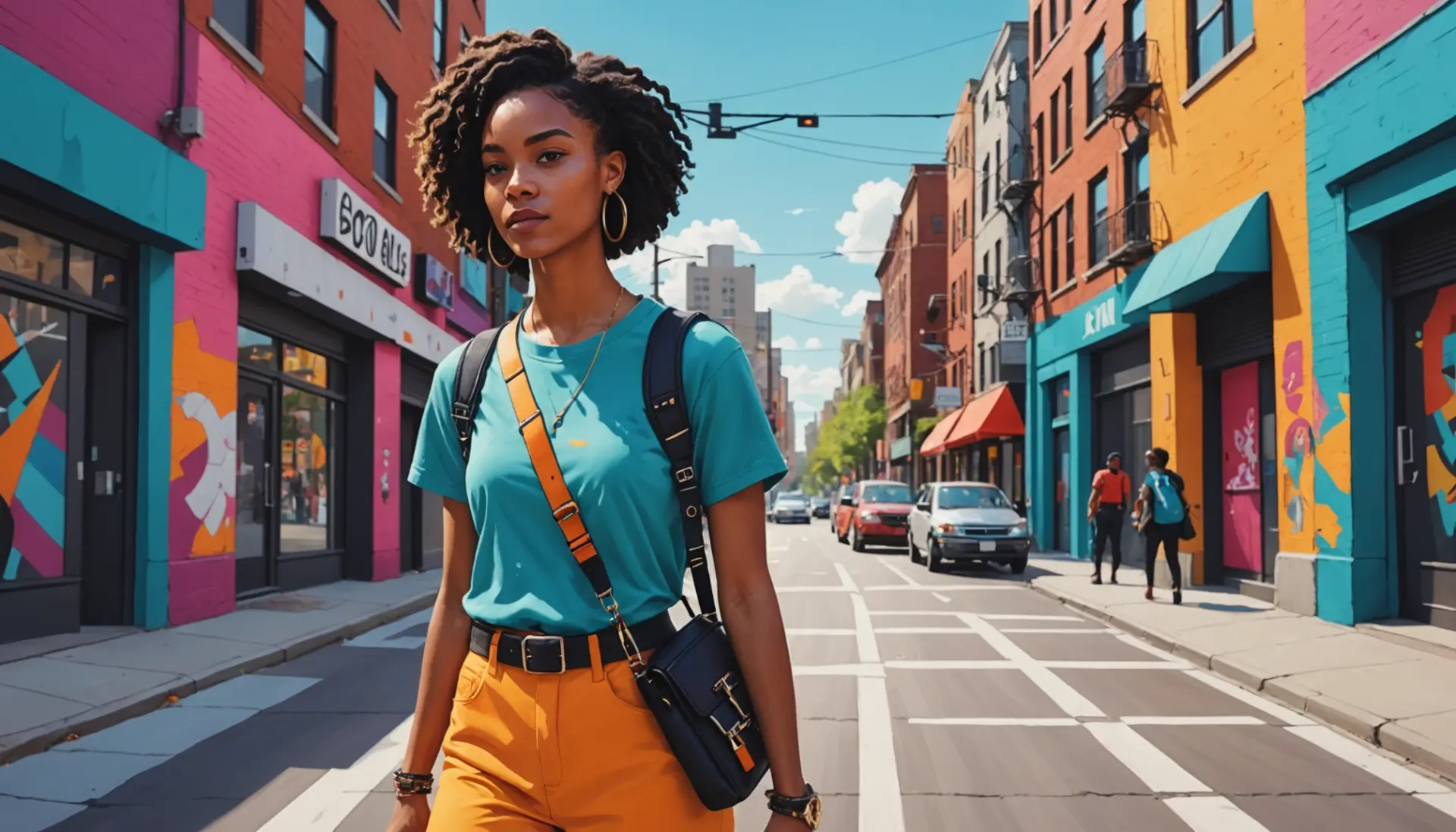 Editorial photo-style illustration of a person wearing a crossbody bag, caption concept: what does crossbody mean
