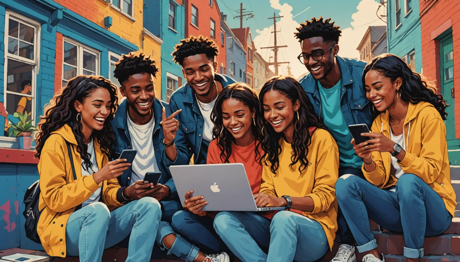 Editorial illustration of young people reacting to social media comments with the phrase bilge urban dictionary in mind
