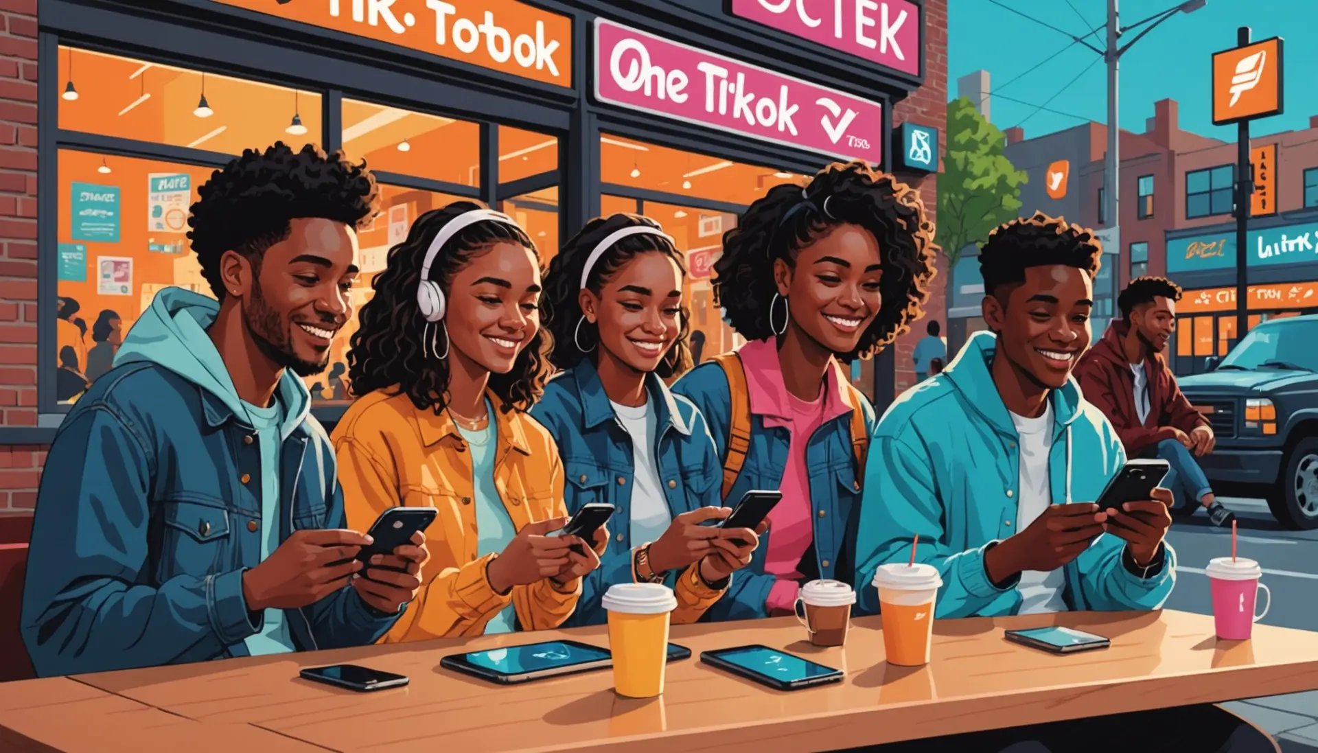 Editorial illustration showing diverse people texting the phrase cooling urban dictionary on phones