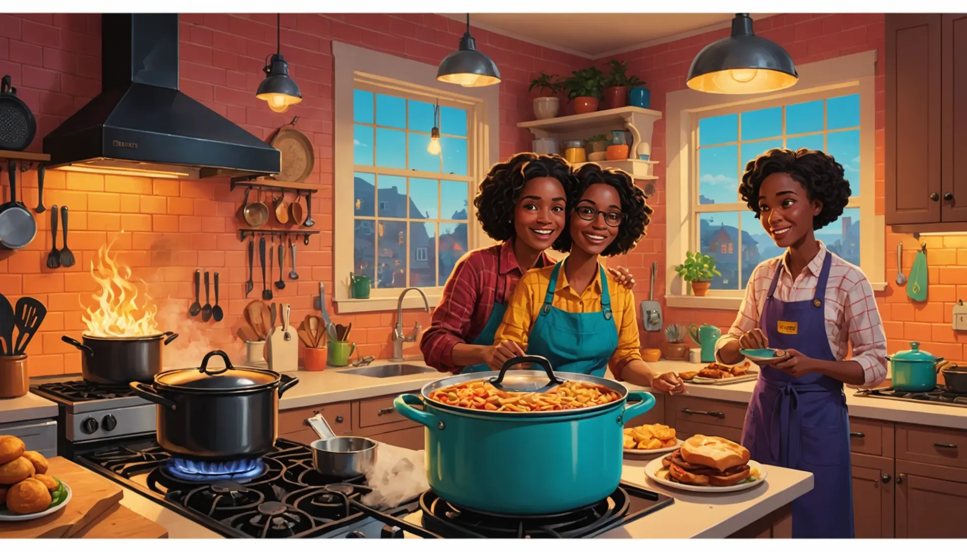 Editorial illustration showing a split scene referencing alabama hotpot urban dictionary: one side a steaming southern pot, the other side chaotic meme icons