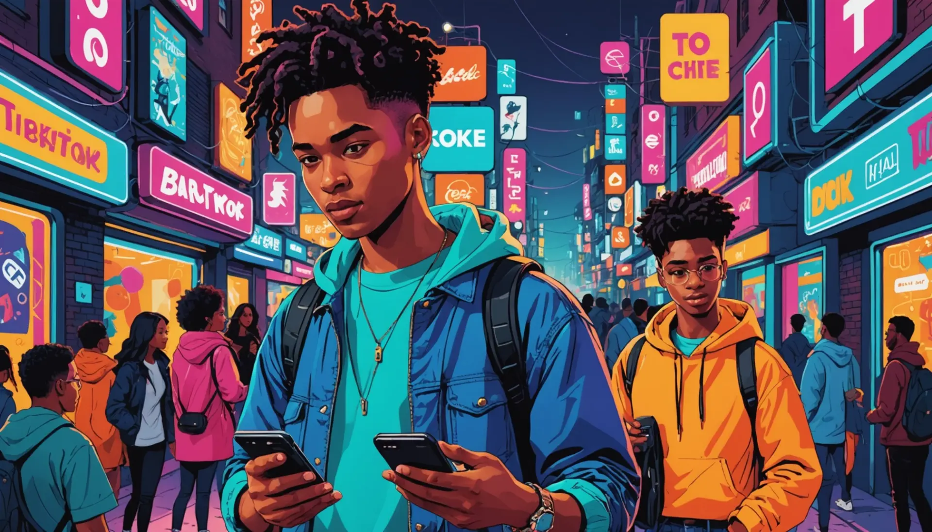 Editorial illustration of a person texting 'what does babygirl mean in slang' on their phone with neon city background