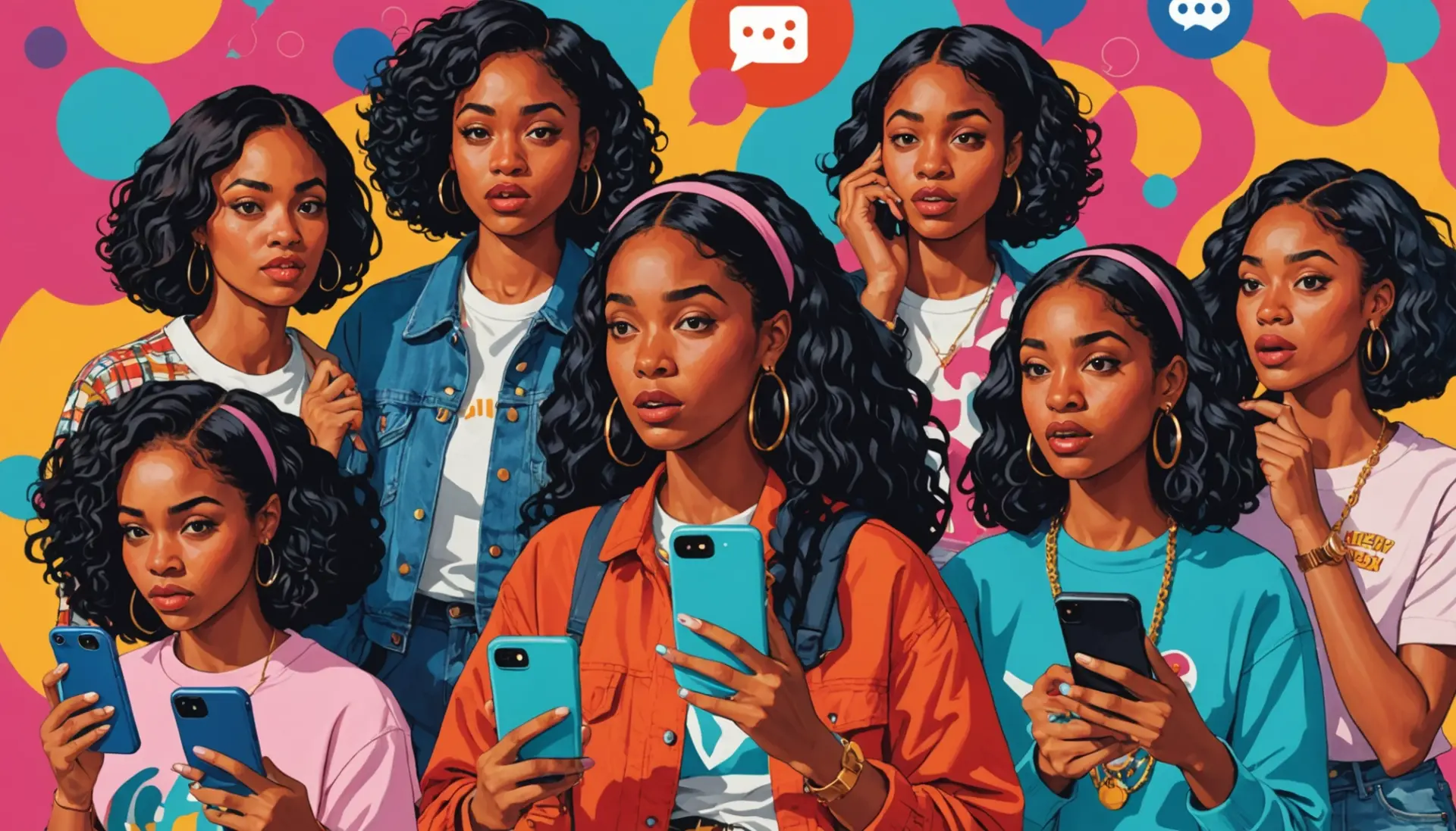 Editorial illustration of people reacting and laughing around the phrase pms urban dictionary