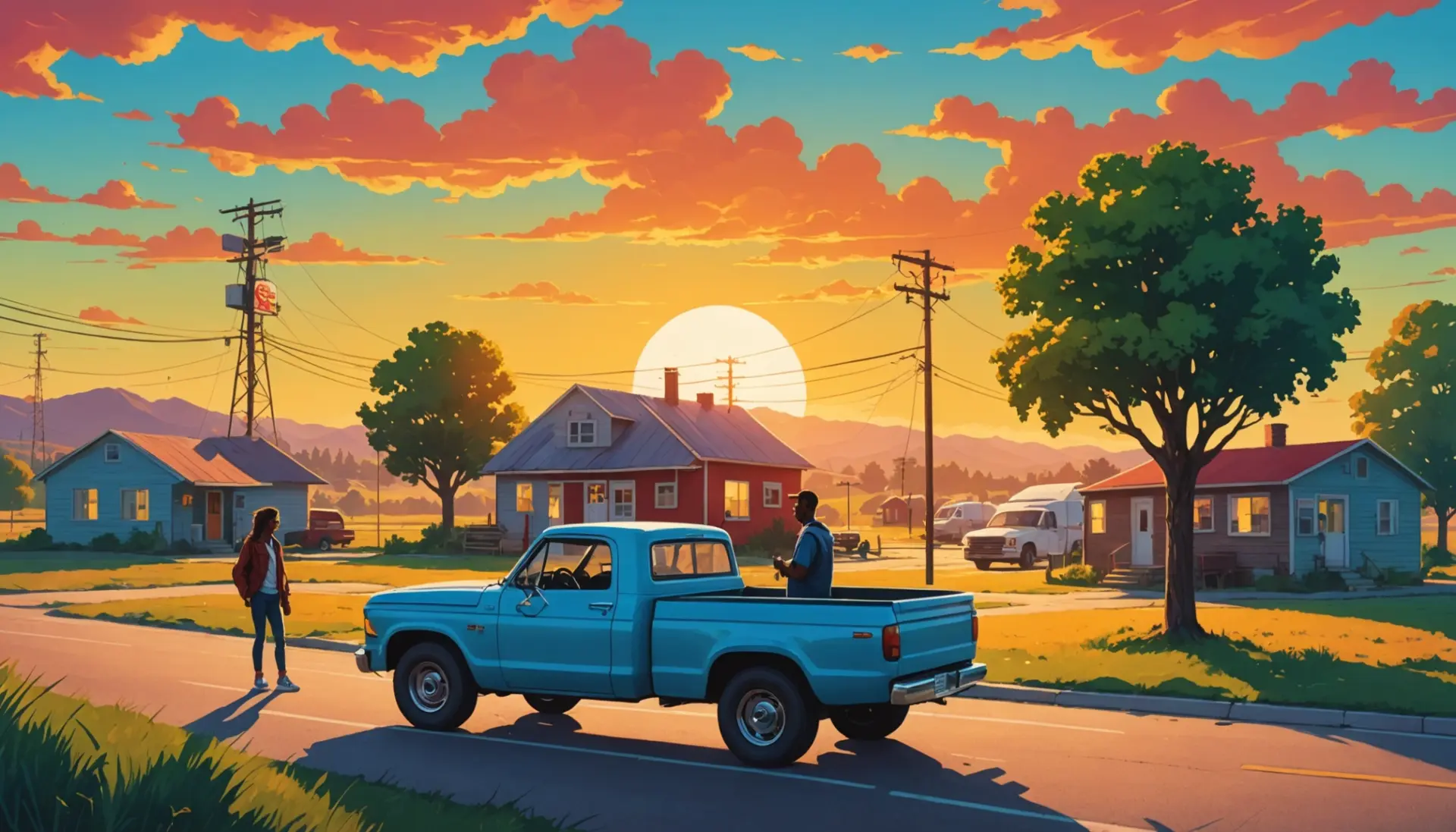 Editorial illustration showing a rural 'sticks' setting with people using phones, captioned scene of 'sticks slang' vibe