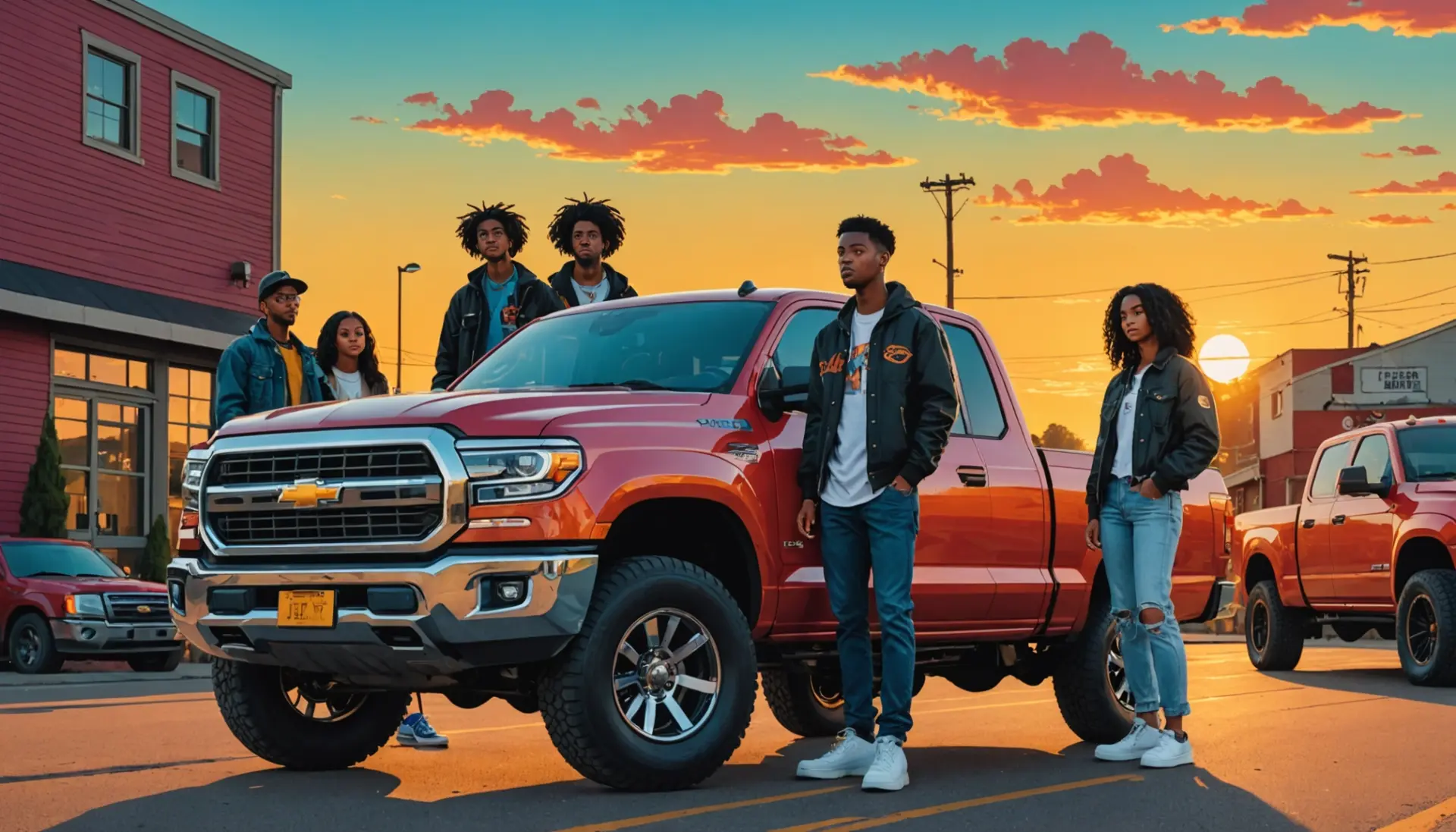 Editorial illustration showing people around a customized pickup with urban and rural elements, highlighting the phrase truck slang