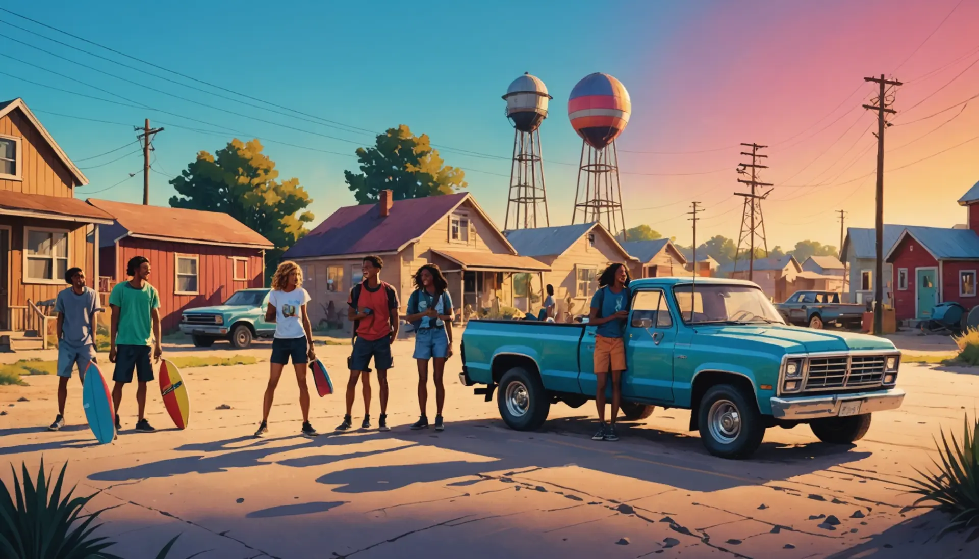 Editorial illustration of young people in a rural town, evoking sticks definition slang