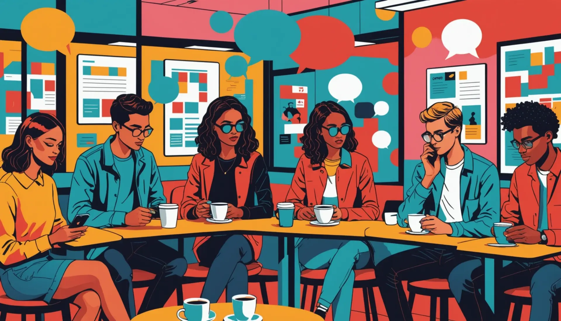 Editorial illustration showing people texting about nsa meaning urban dictionary