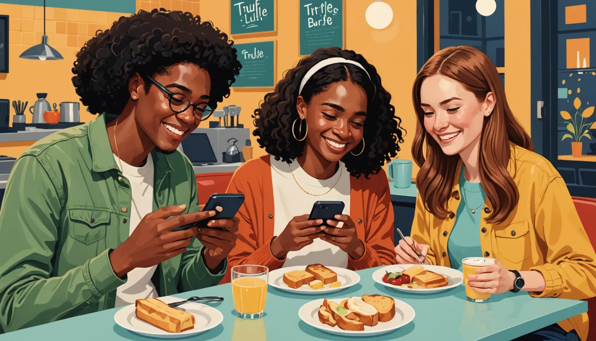 Editorial illustration showing people searching truffle.butter urban dictionary on phones