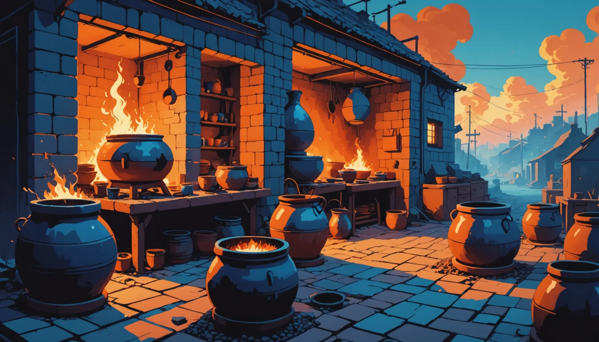 Editorial illustration showing a kiln with pottery and gaming flames, highlighting 'what does kiln mean' context