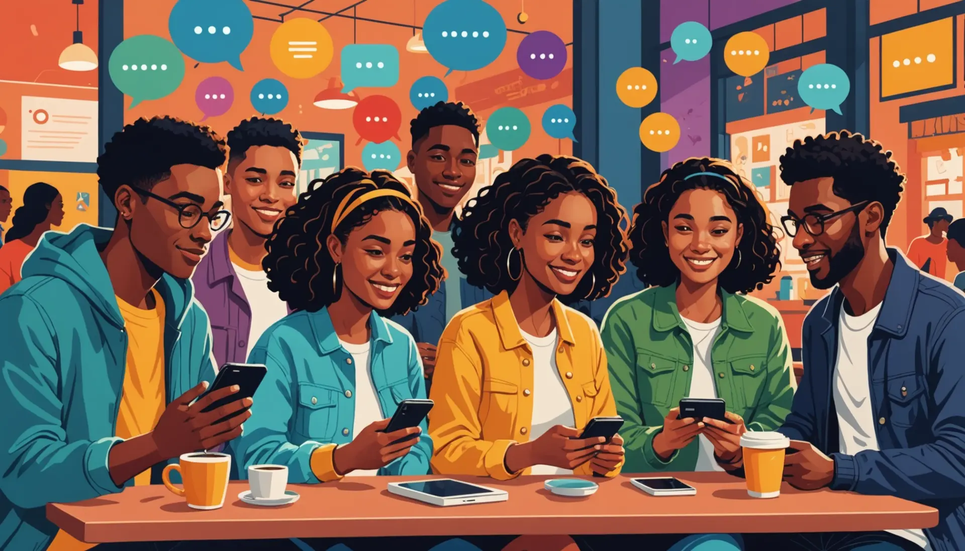 Editorial illustration showing people texting and searching 'hyb urban dictionary' on a phone