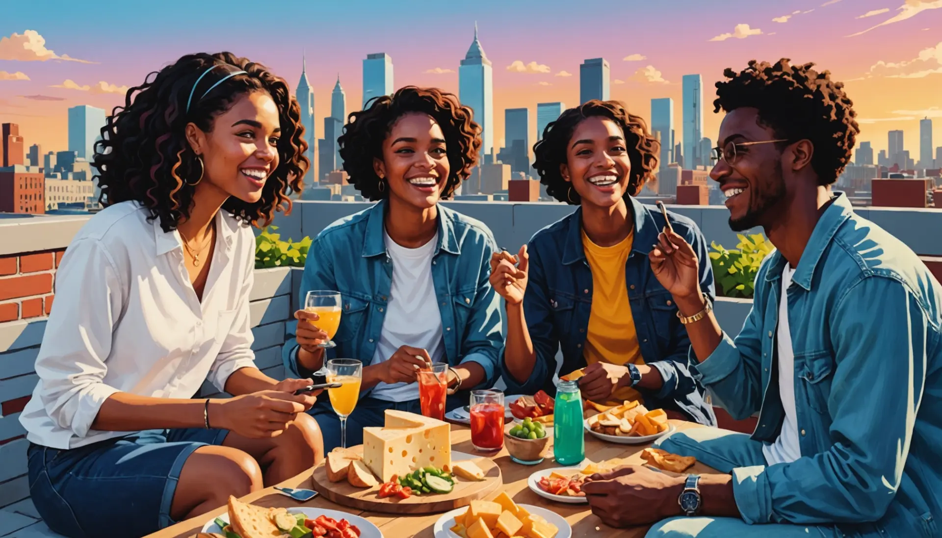 Editorial illustration showing young people jokingly referencing asiago meaning slang while holding cheese boards, bright colors, playful vibe