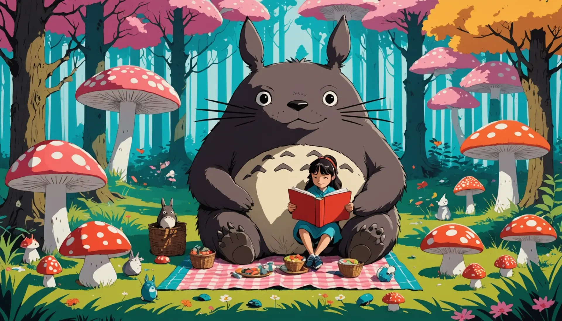 Editorial illustration showing a cozy scene inspired by Totoro, what does totoro mean