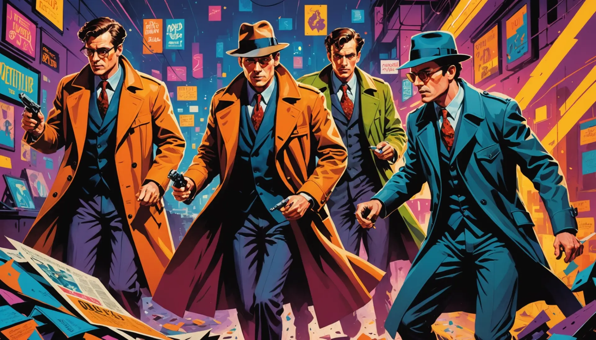 Editorial illustration showing 'pulp meaning slang' vibes: neon, gritty film-noir characters, pulpy pages