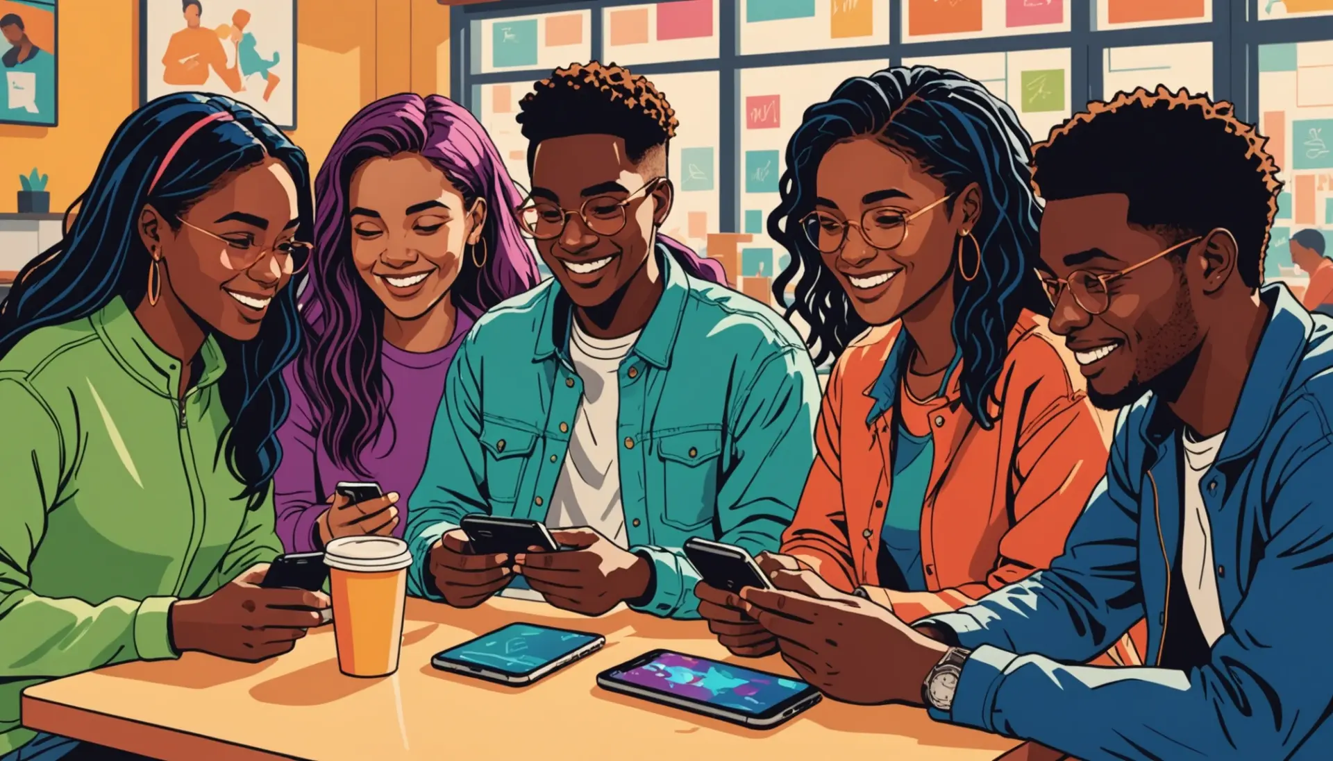 Editorial illustration of people texting about mlp meaning in text with vibrant fandom and product imagery