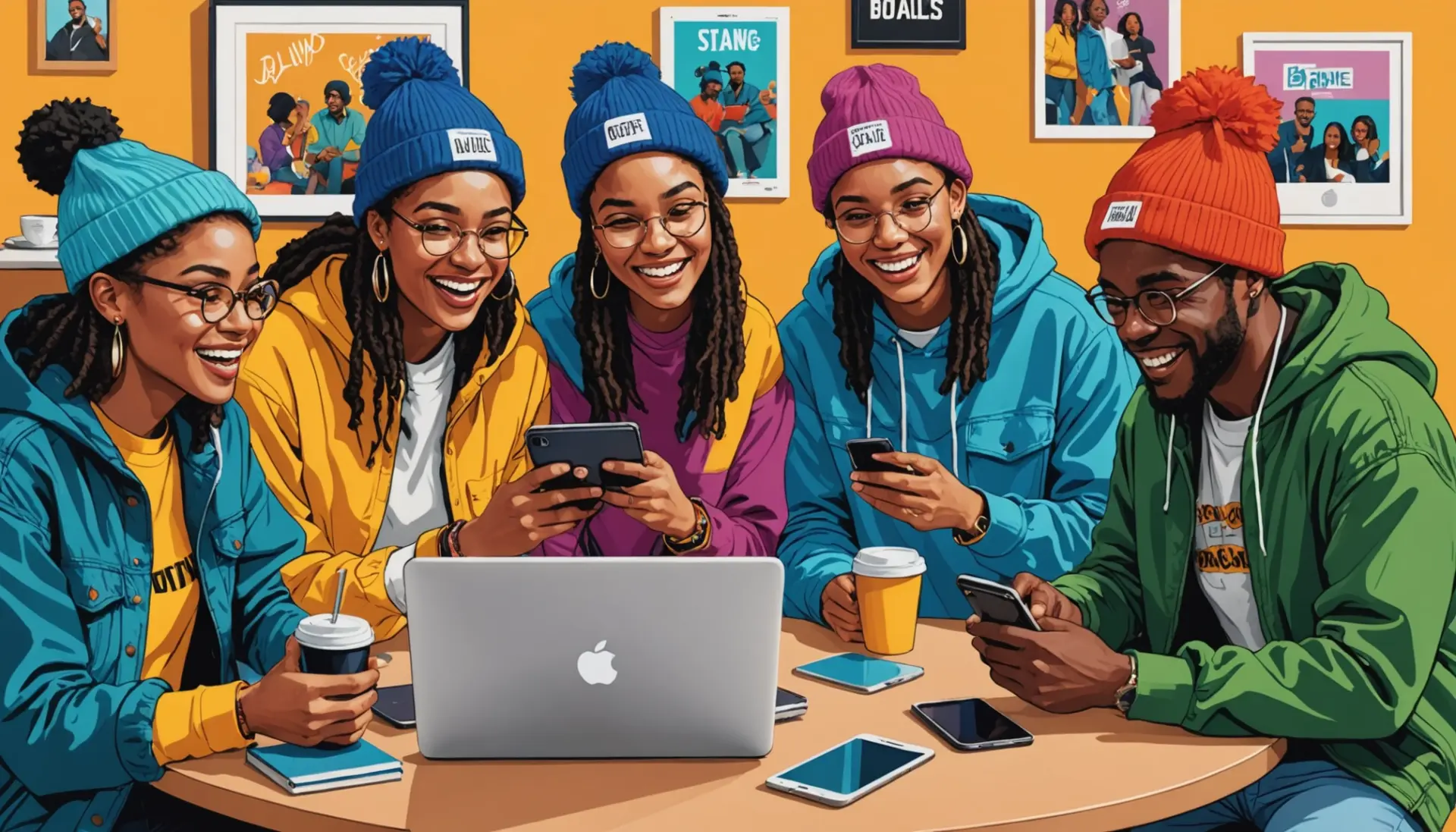 Editorial illustration of people using phones searching aggy urban dictionary