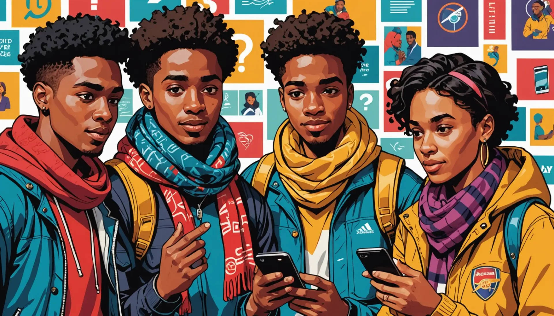 Editorial illustration showing diverse people around a phone with the phrase gooner definition urban dictionary visible on the screen