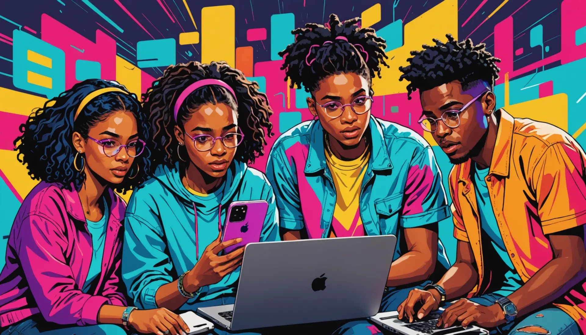 Editorial illustration of people reacting to chat messages with the phrase dog water urban dictionary visible in the scene