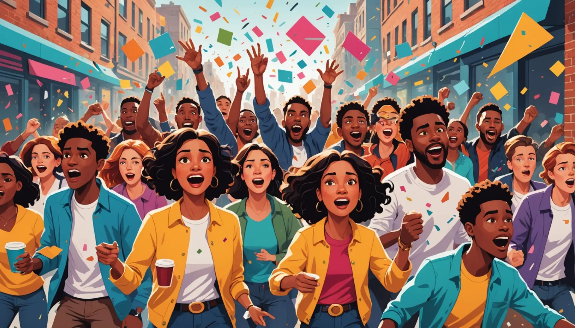 Editorial illustration of people reacting to a noisy hullabaloo meaning uproar