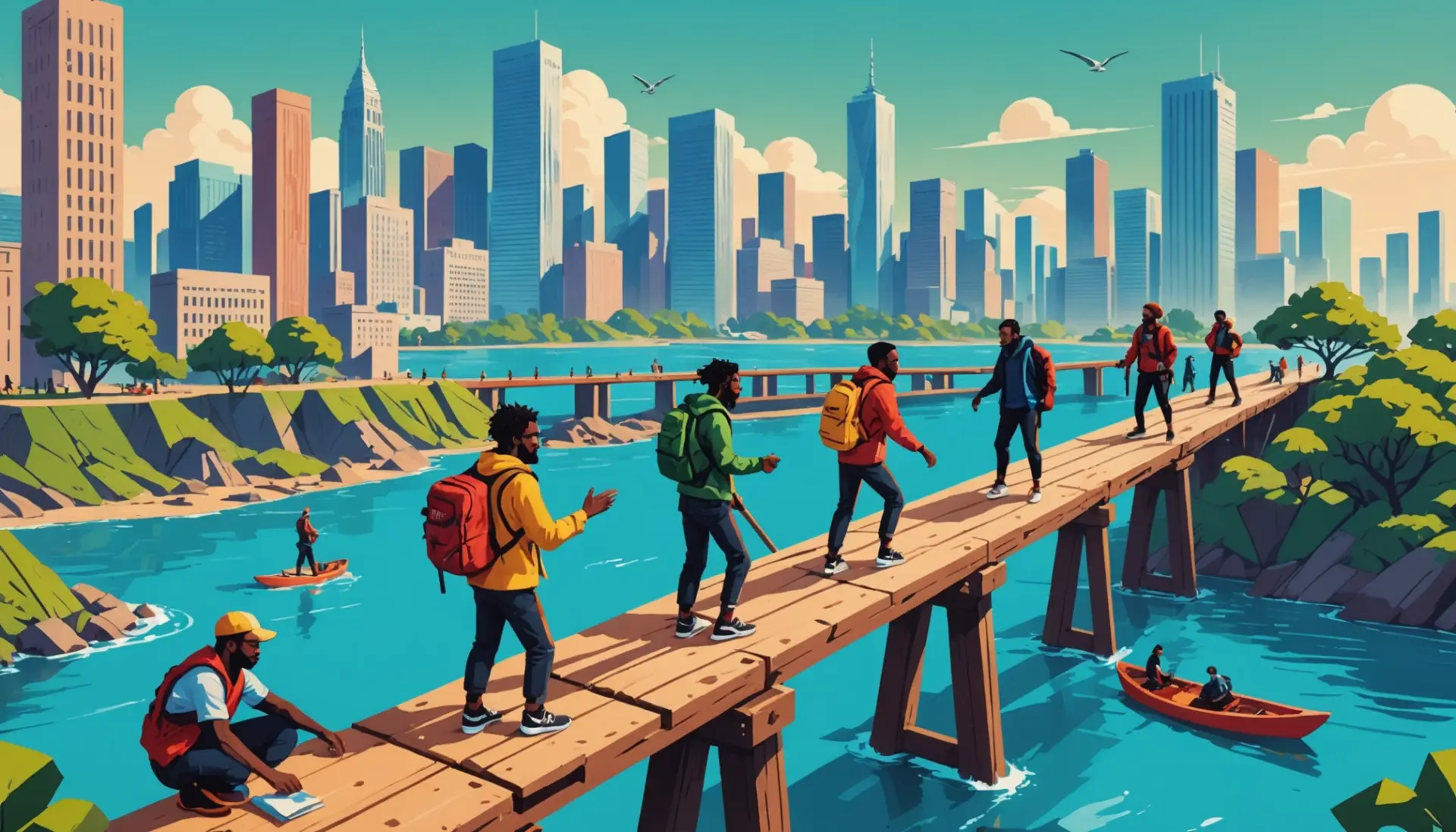 Editorial illustration showing diverse people bridging a gap, caption idea about what does reconciliation mean