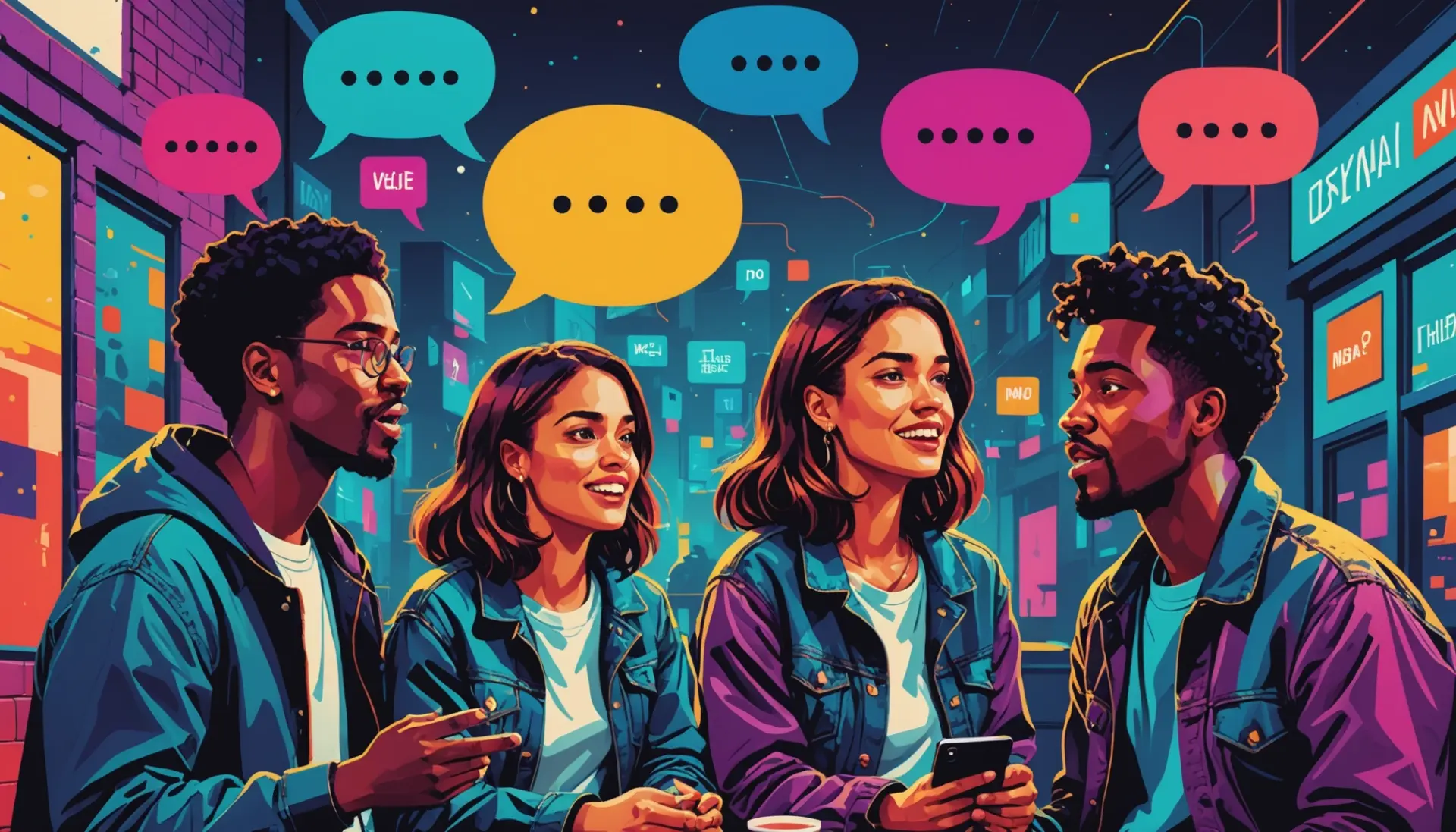 Editorial illustration showing a neon chat bubble with the words cempwisyd urban dictionary represented by stylized symbols