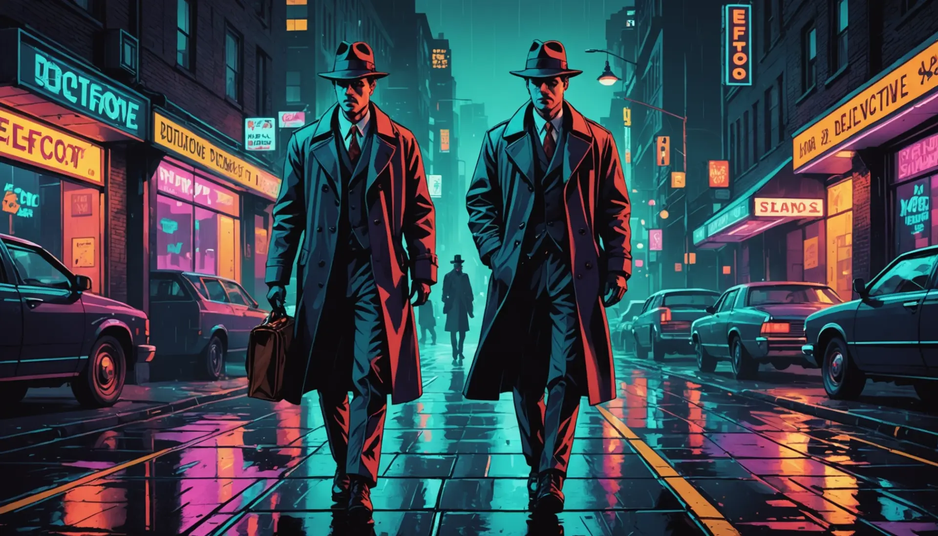 Editorial illustration of a retro detective, representing flatfoot slang meaning, in vibrant colors