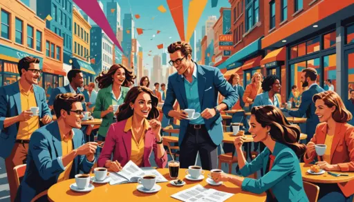 Editorial illustration of a chaotic urban scene titled hurly burly slang vibe