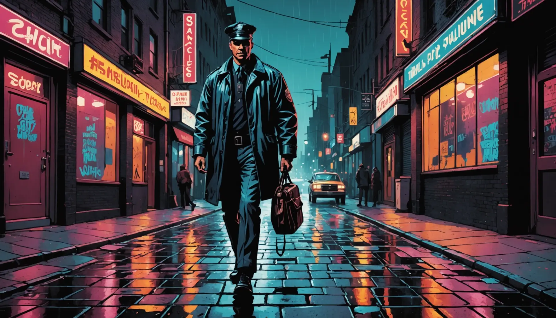 Editorial illustration showing a stylized city street scene with a vintage cop's shadow, evoking flat foot slang