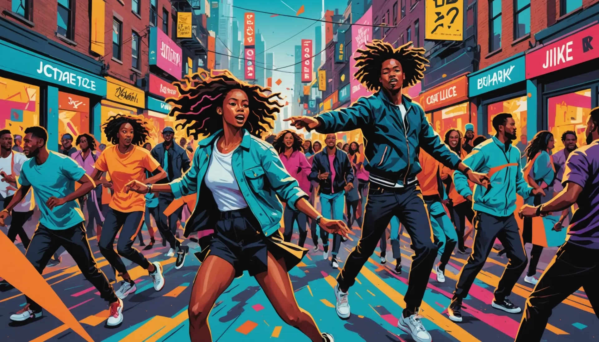 Editorial illustration showing a chaotic street scene labeled with the phrase what does hurly burly mean in concept