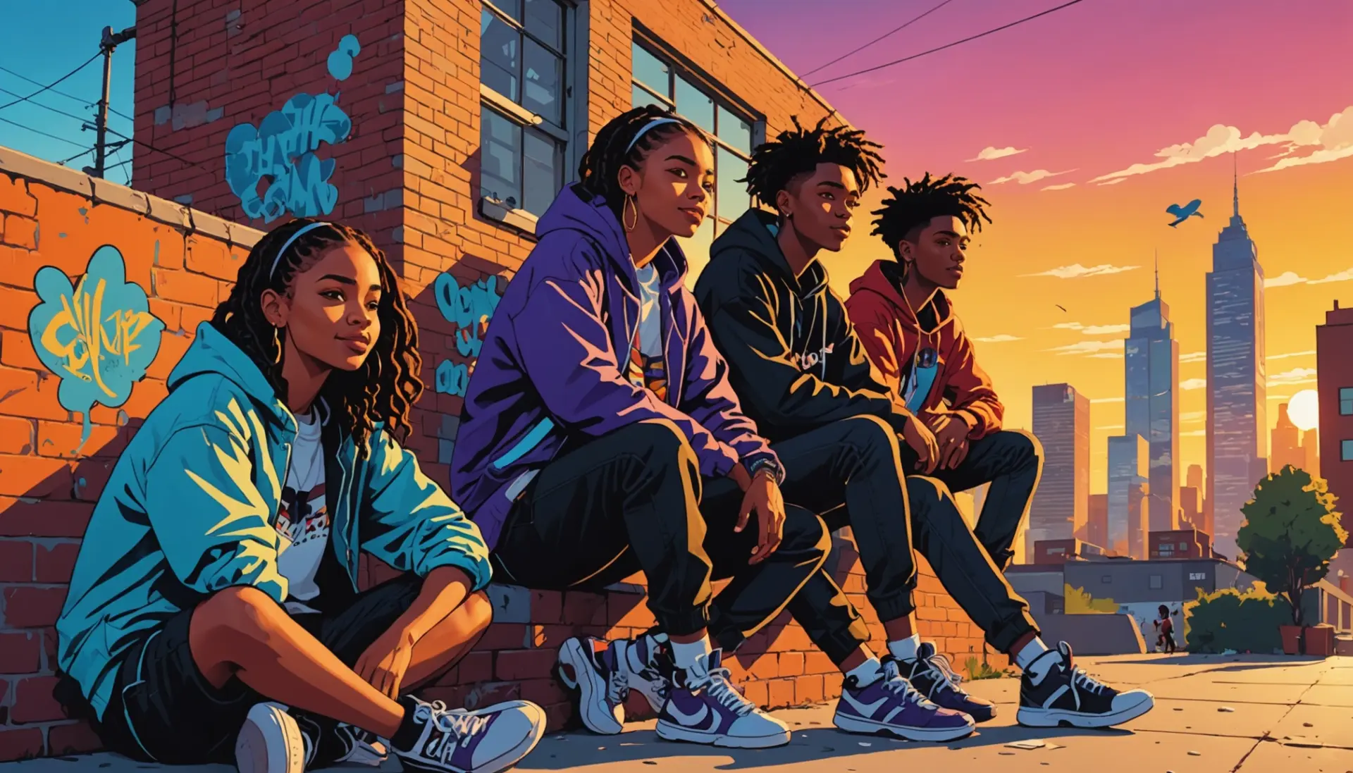 Editorial illustration showing teens in a city scene with graffiti and speech bubbles, featuring the phrase jits urban dictionary in context