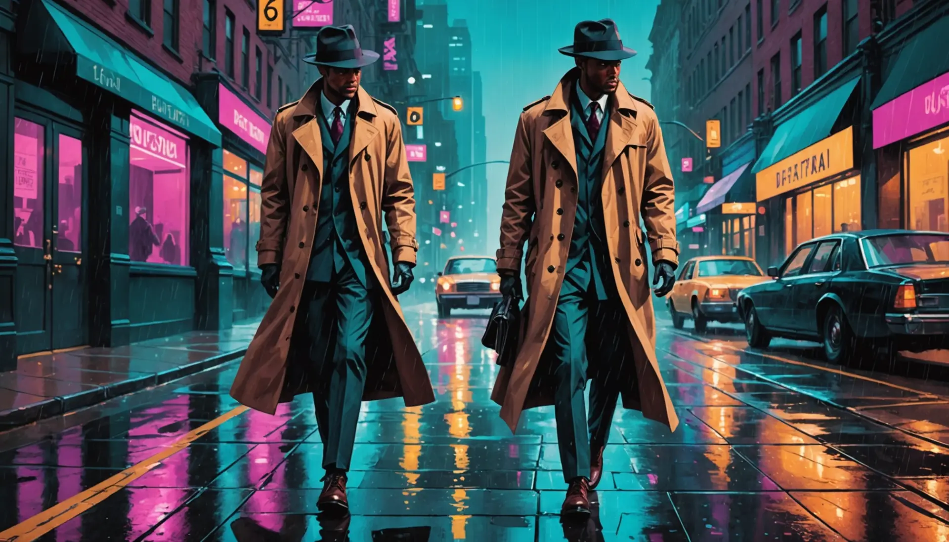 Editorial illustration showing a gumshoe meaning slang vibe: a detective in soft-soled shoes, trench coat, and city night scene