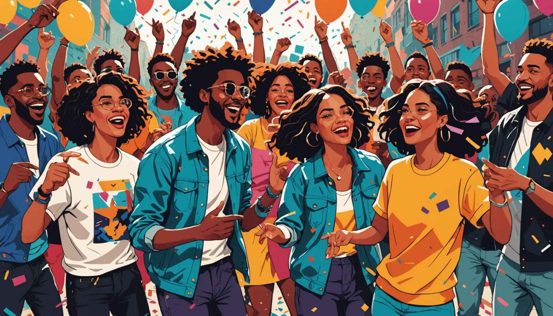 Editorial illustration showing a chaotic party scene with the phrase hurly burly meaning slang vibe