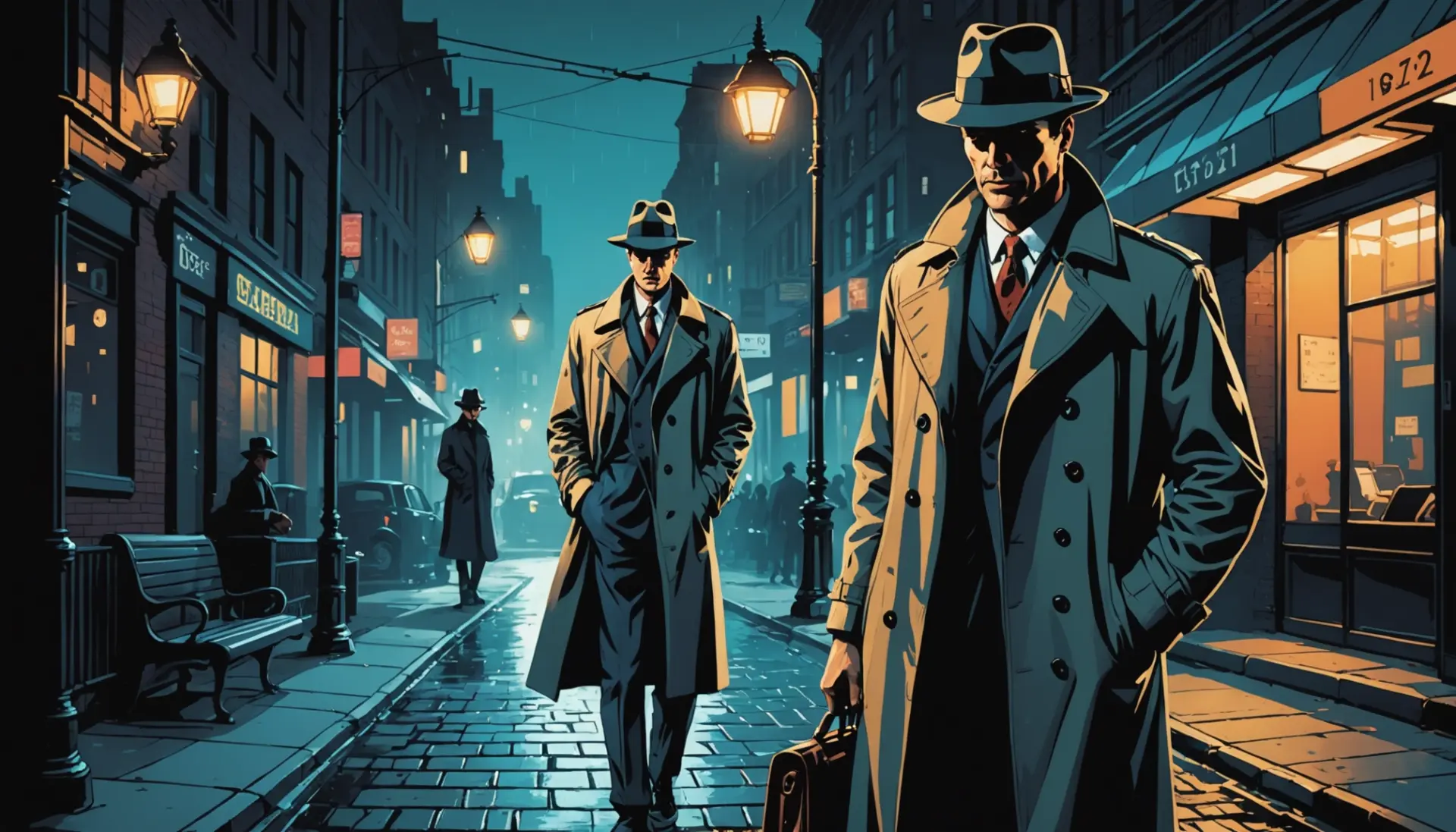 Editorial illustration of a retro private eye with trench coat and fedora, symbolizing gumshoe slang