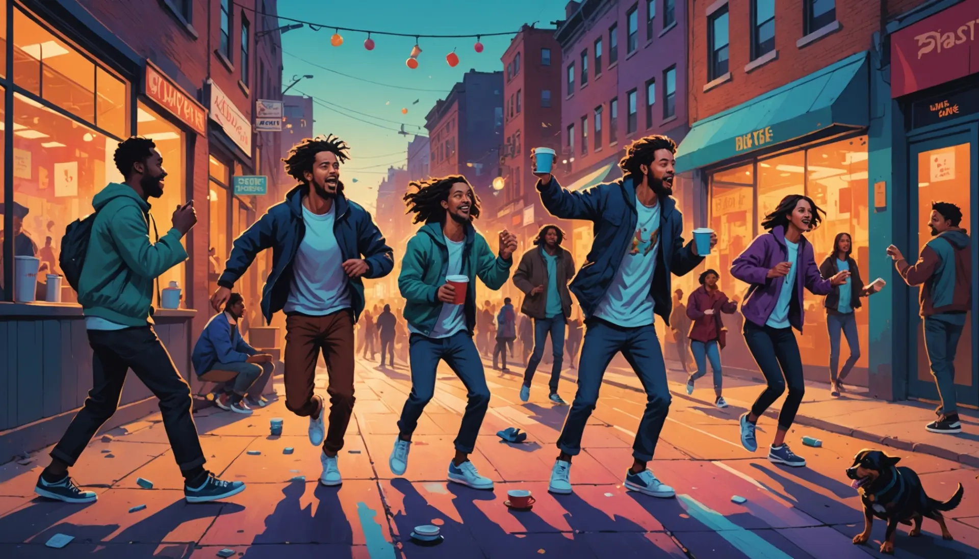 Editorial illustration showing a chaotic city scene with people in a hurley burly moment, portraying the phrase what does hurley burly mean