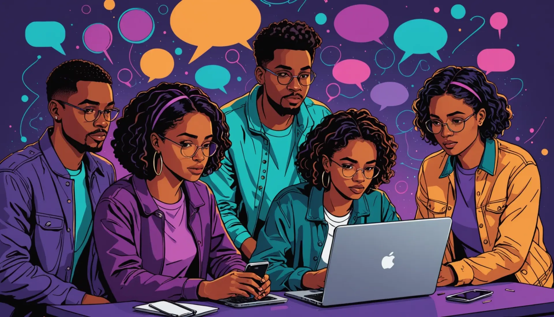 Editorial illustration showing teenagers and young adults around a glowing phone screen with 'ldar urban dictionary' vibe